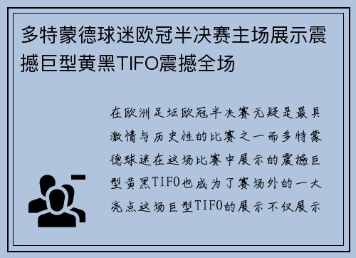 多特蒙德球迷欧冠半决赛主场展示震撼巨型黄黑TIFO震撼全场