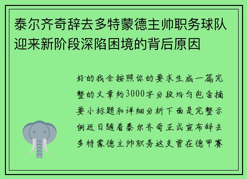 泰尔齐奇辞去多特蒙德主帅职务球队迎来新阶段深陷困境的背后原因