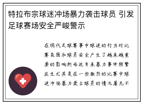 特拉布宗球迷冲场暴力袭击球员 引发足球赛场安全严峻警示 特拉布宗球迷冲场暴力袭击球员 引发足球赛场安全严峻警示