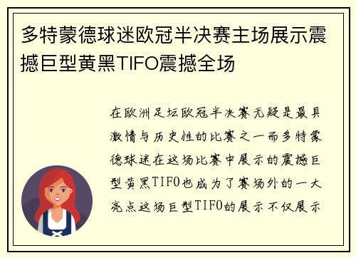 多特蒙德球迷欧冠半决赛主场展示震撼巨型黄黑TIFO震撼全场